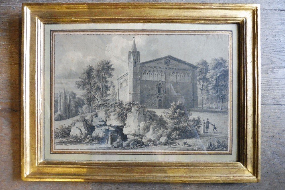 Dessin Au Lavis  de  l'école Française "parc Animé  Avec Une Chapelle  "  , Vers 1810
