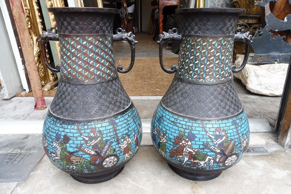 Pair Of Baluster Vases In Chiseled Bronze And Partly Enameled,   China  19 Century 