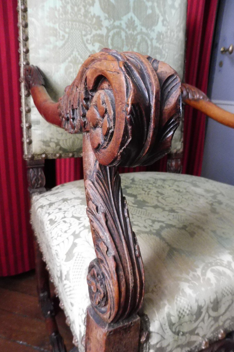 High Back Armchair In Carved Walnut Louis XIV Period  -photo-3