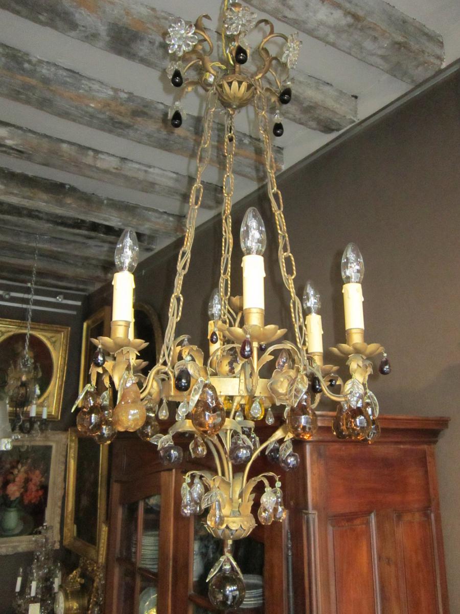 Gilded Tole And  Fruit In Glass Chandelier 1900