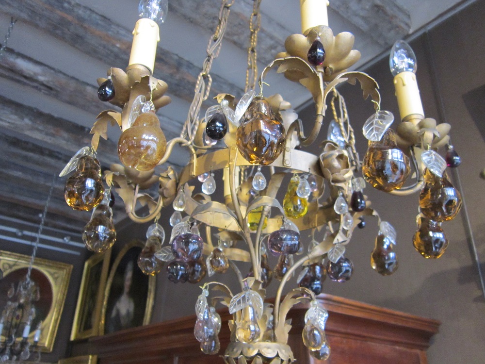 Gilded Tole And  Fruit In Glass Chandelier 1900-photo-2