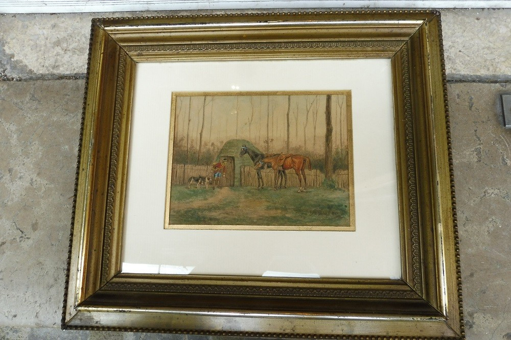 Aquarelle  19 Eme  " Scène De Chasse à Courre "  