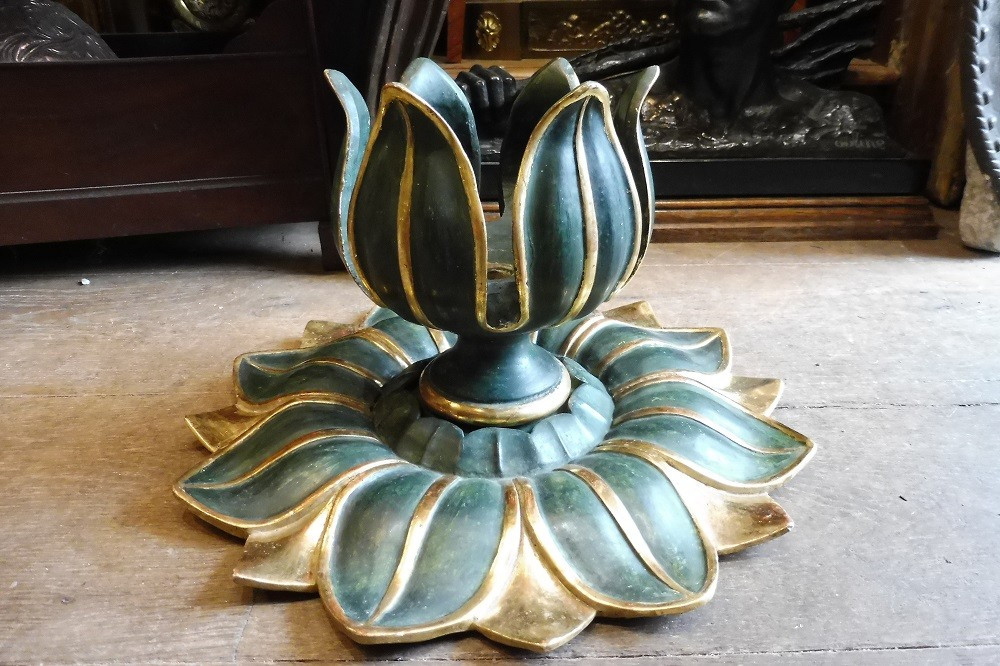 19th Century Bronze And Gold Lacquered Wood Lotus Flower Ceiling Light -photo-4