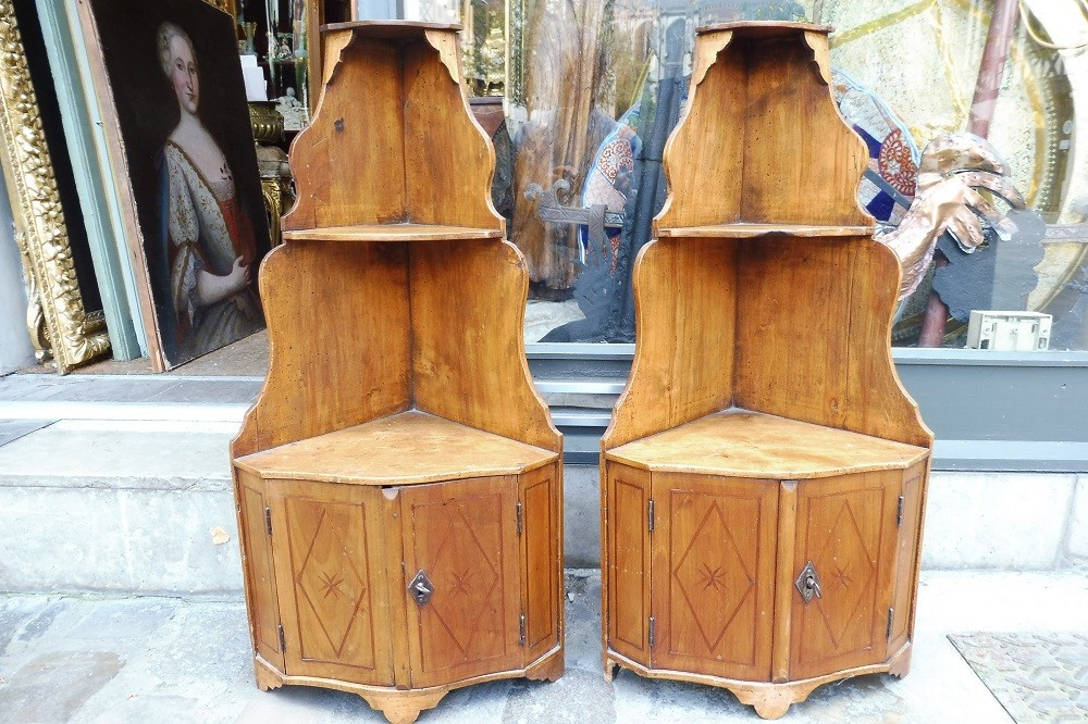Pair Of 18th Century Wall Corner Cabinets In Natural Wood
