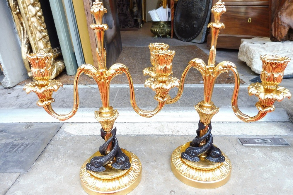 Pair Of 19th Century Patinated And Gilded Bronze Candelabras 