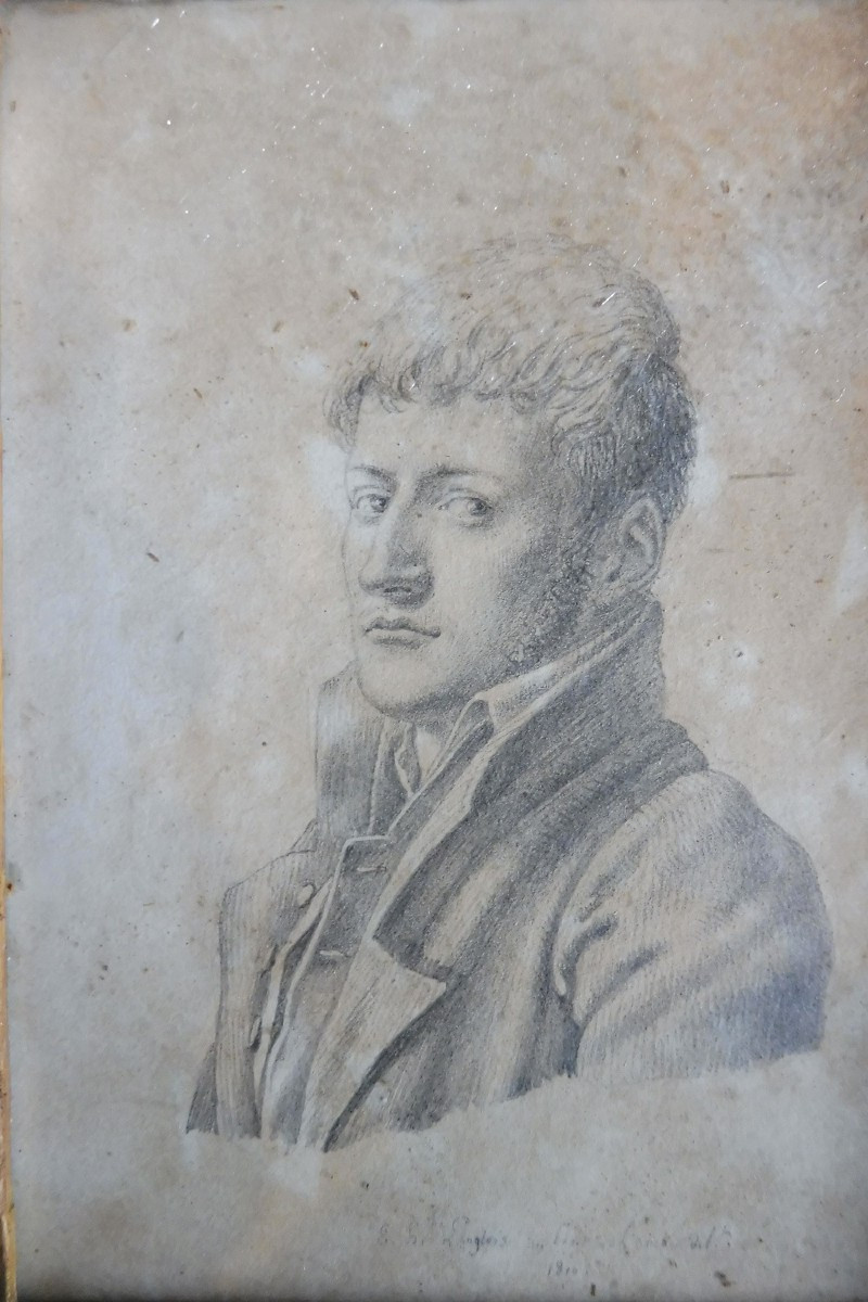 Dessin au crayon signé E H Langlois  " autoportrait" -photo-2