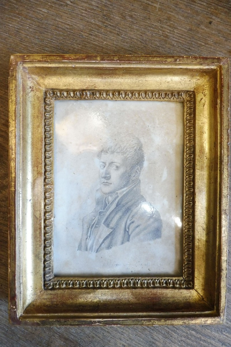 Dessin au crayon signé E H Langlois  " autoportrait" 