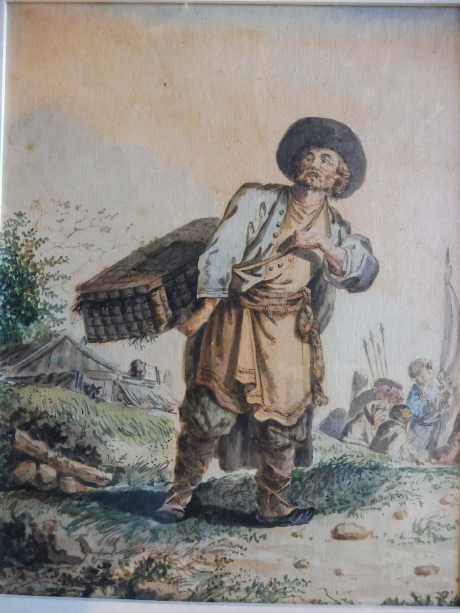 19th Century Watercolor "the Peddler"  -photo-2