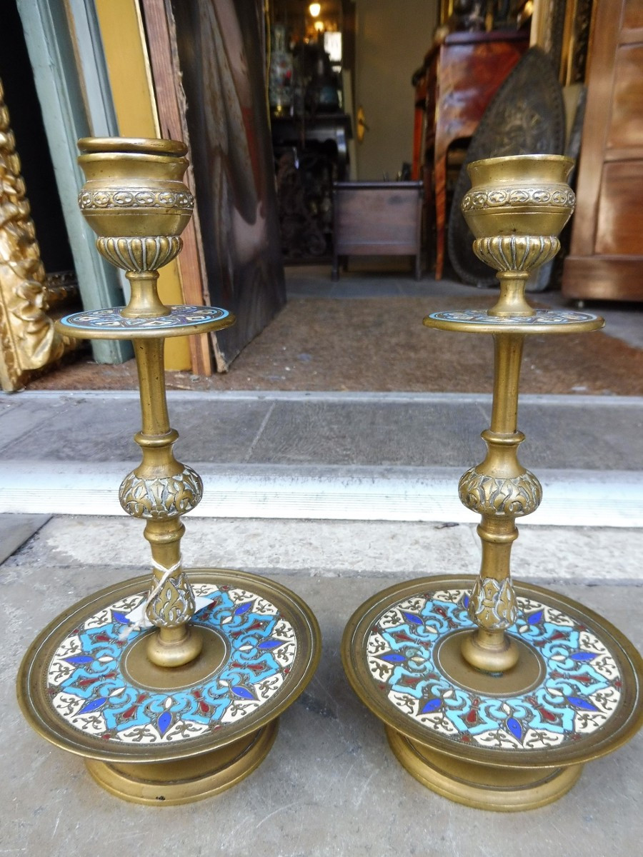 Pair Of 19th Century Brass And Cloisonné Enamel Candlesticks 