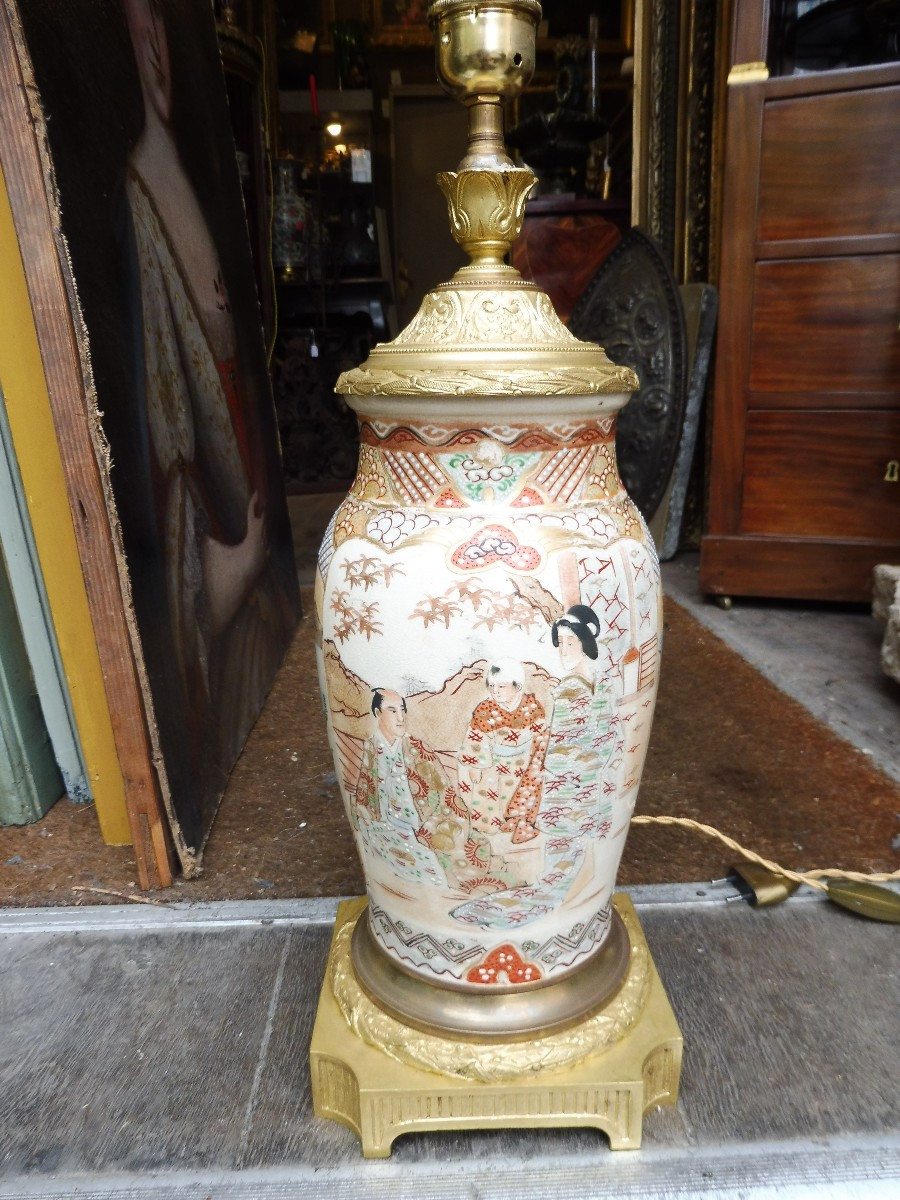 Satsuma Porcelain Lamp Base, Gilt Bronze Mount.