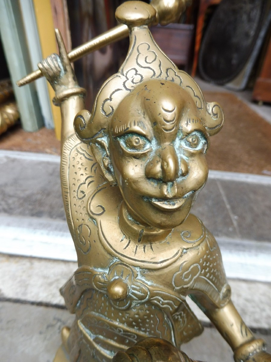Paire de sculpture  en bronze  ,  art  chinois  19 eme  " combattants "  -photo-3