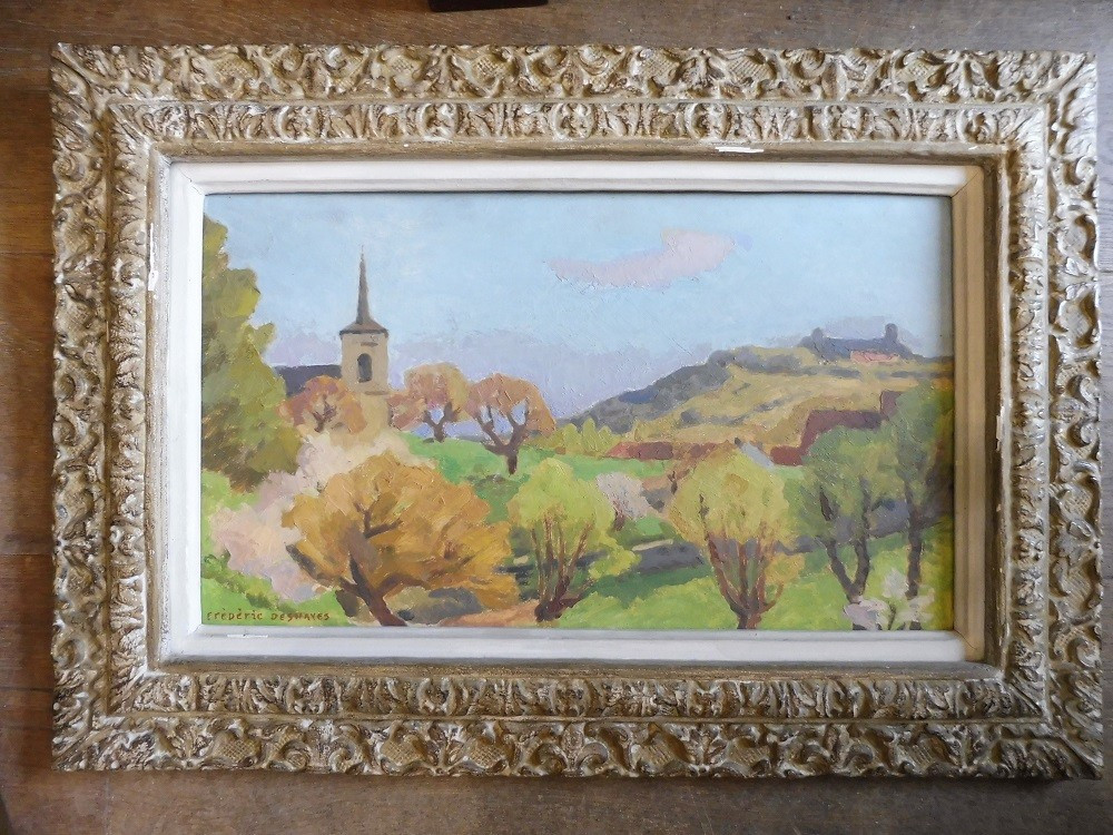 Huile sur carton signée  Frédéric Deshayes " paysage d' Asquin" 
