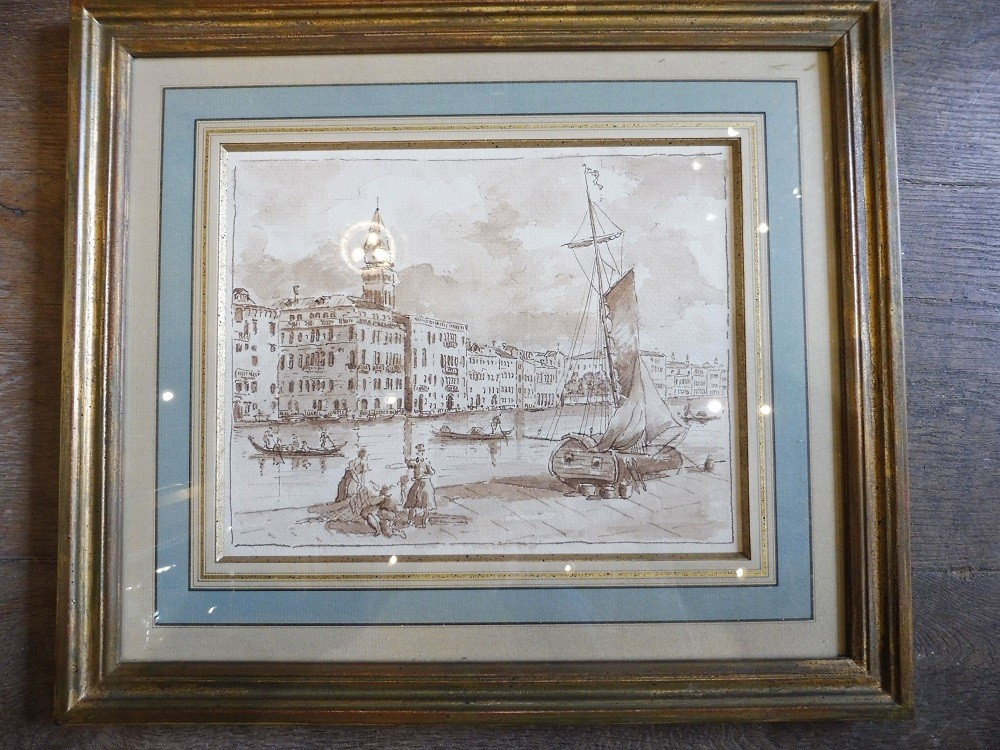 Dessin lavis  d'après Guardi  " Venise  , le grand canal"  19 eme siècle 