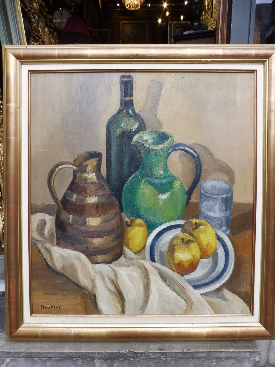 Huile sur panneau  signée  Maurice Mourlot " nature morte aux pichets " 