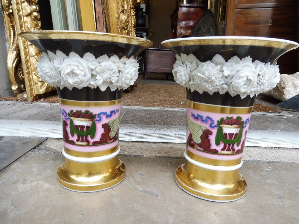 Pair Of Paris Porcelain Cornet Vases, Empire Period 