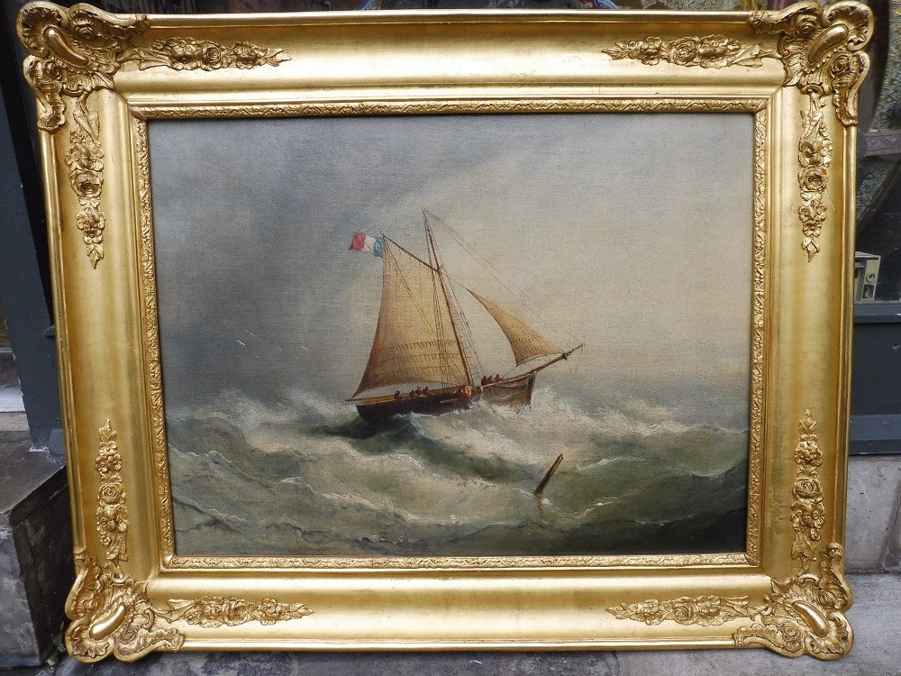 Oil On Canvas Signed Félix "sailboat In The Storm" Circa 1840