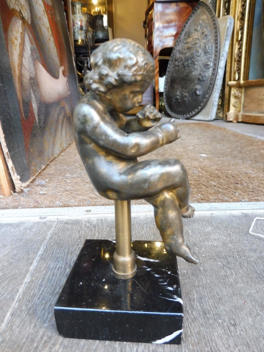 Petite  sculpture  en bronze  " enfant  assis  "  socle  marbre -photo-3