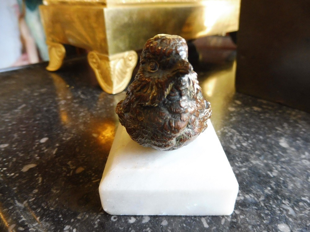 Bronze Sculpture "sparrow On A Marble Base" 19th Century-photo-2