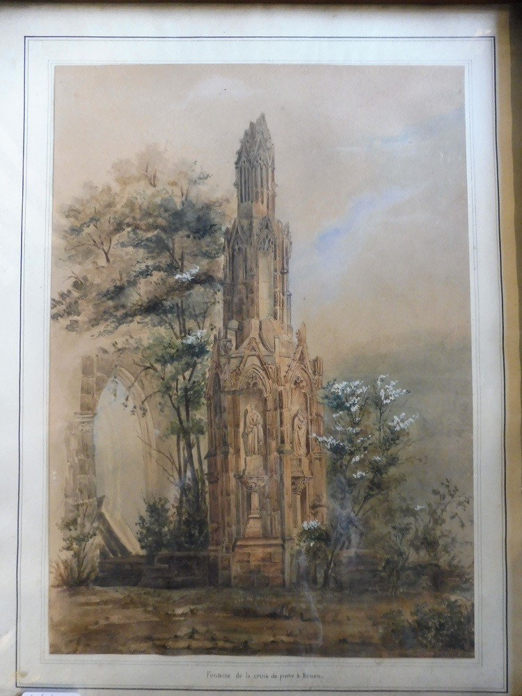 Aquarelle  signée  Pourchot  datée 1839  " "Fontaine de la croix de pierre à  Rouen "  -photo-2