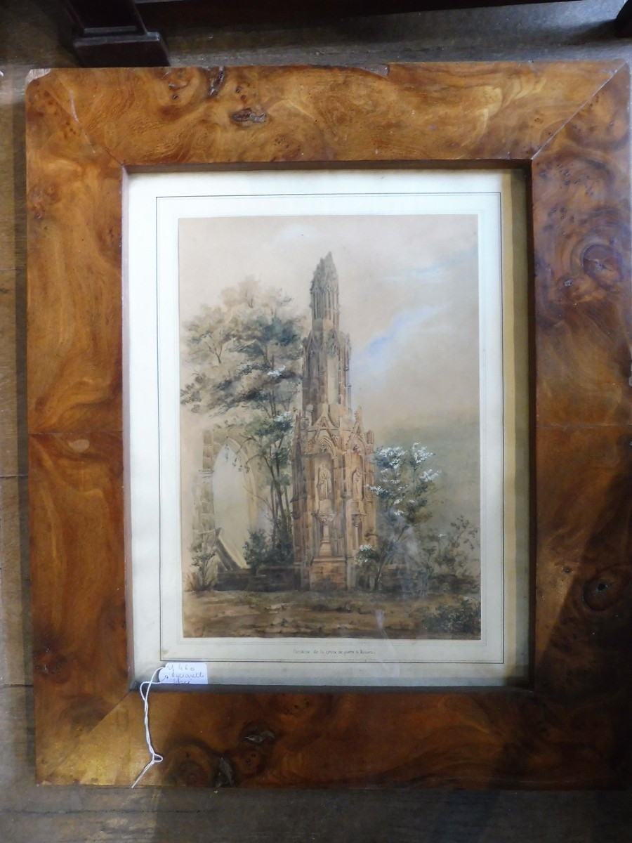 Aquarelle  signée  Pourchot  datée 1839  " "Fontaine de la croix de pierre à  Rouen "  