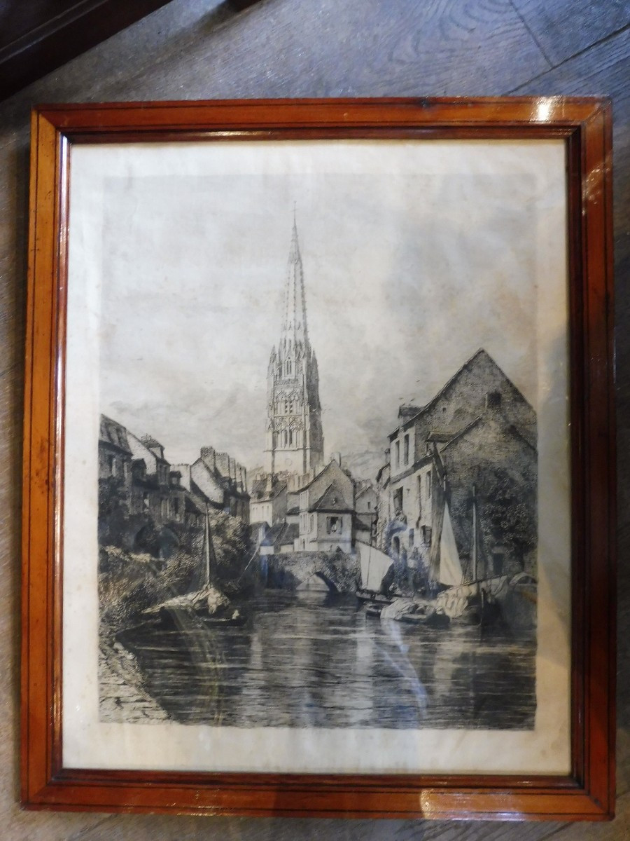 Gravure 19 eme  " vue  d' Harfleur  "   ,