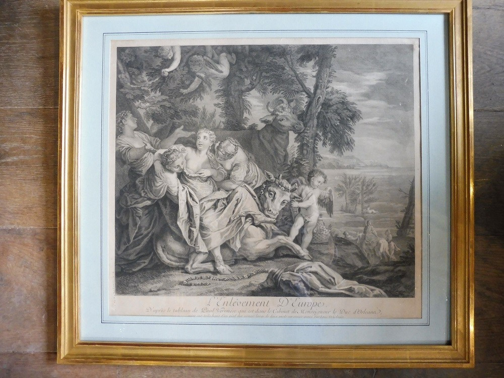 Gravure  18 eme  "l'enlèvement  d' Europe  " 