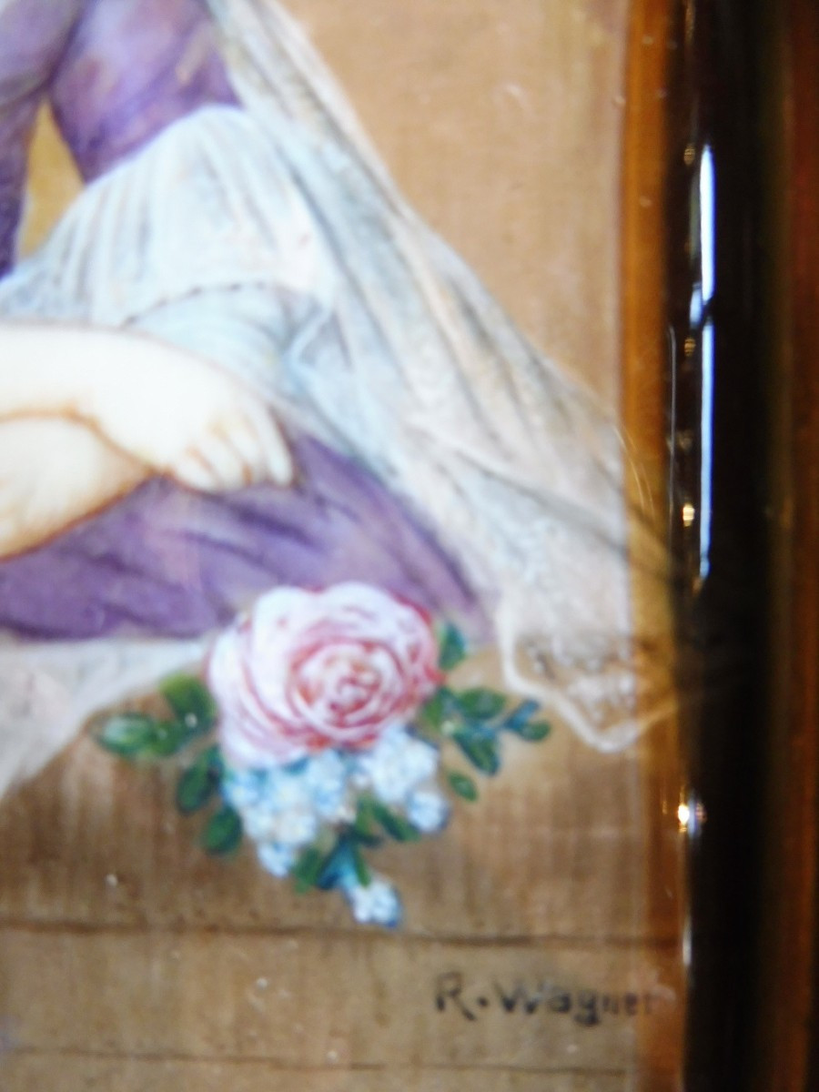 Miniature  sur ivoire  signé  R  Wagner  " portrait dune dame"  -photo-3