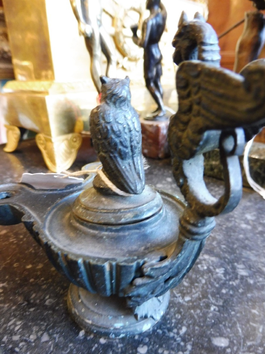 Bronze Oil Lamp After The Antique 19th Century-photo-3