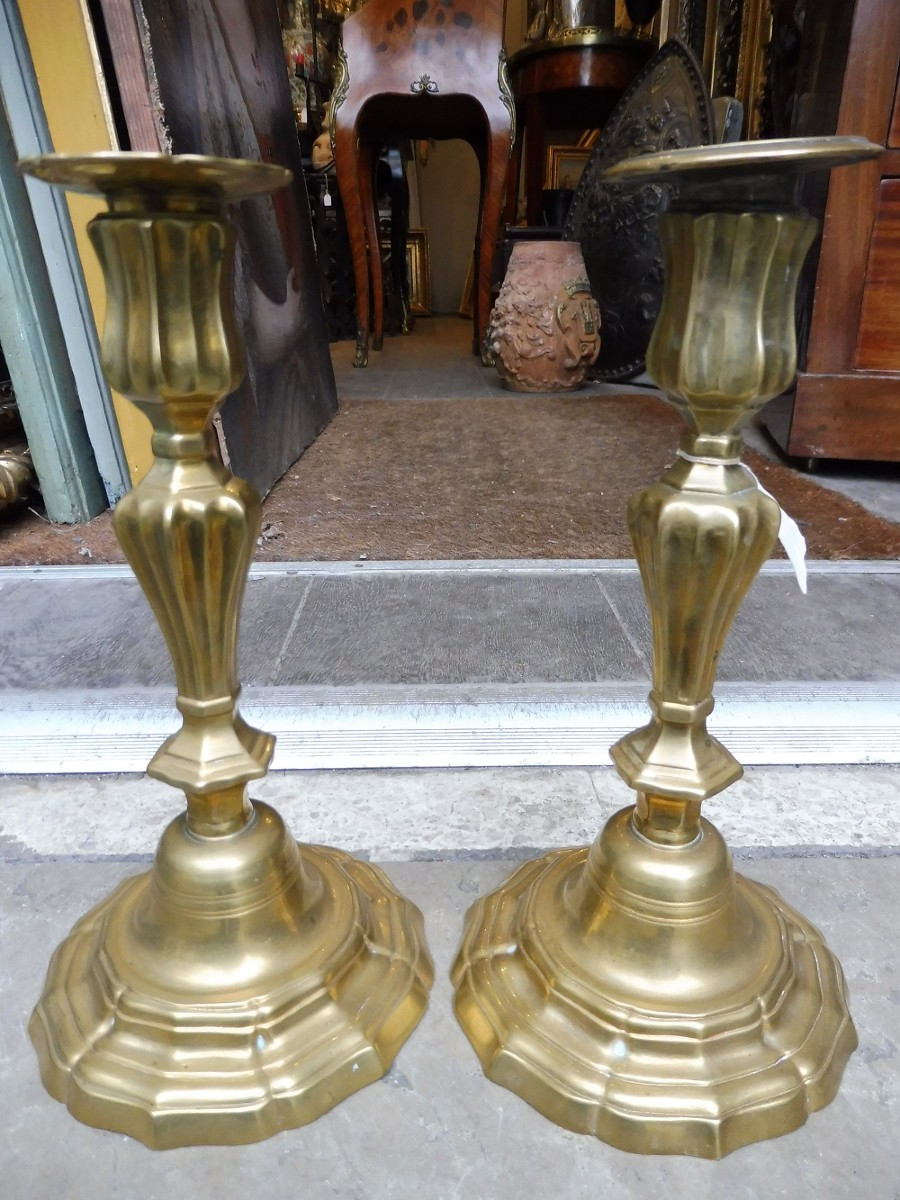 Pair Of 18th Century Polished Brass Candlesticks  