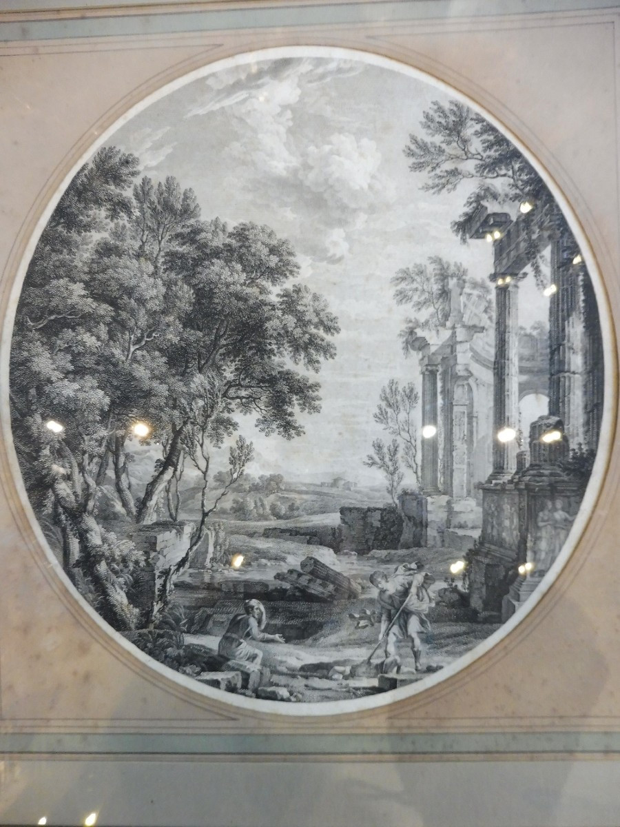 Gravure 18 eme   " paysage    classique   aux   ruines  "  -photo-2