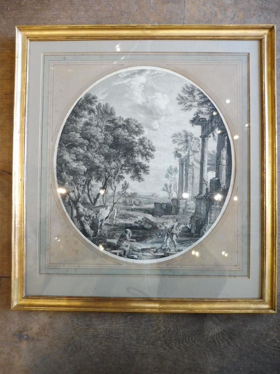 Gravure 18 eme   " paysage    classique   aux   ruines  "  