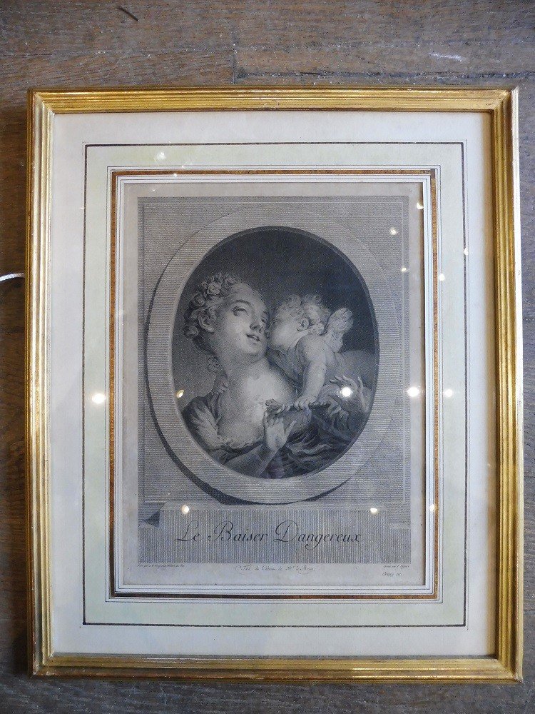 Gravure  18 eme d'après  Fragonard  " le baiser dangereux "  encadrée 