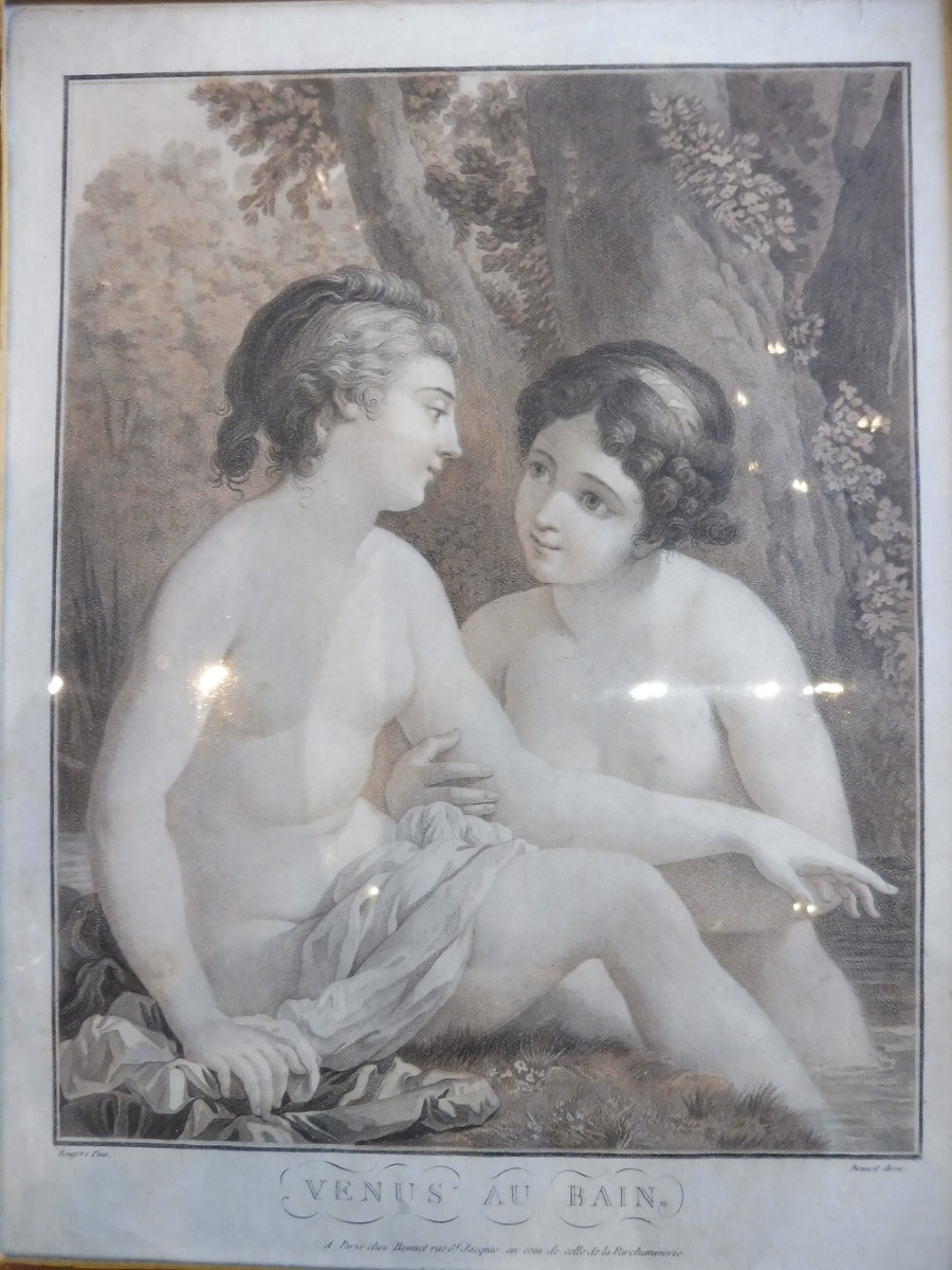 18th Century Color Engraving "venus In The Bath" In Its Frame -photo-2