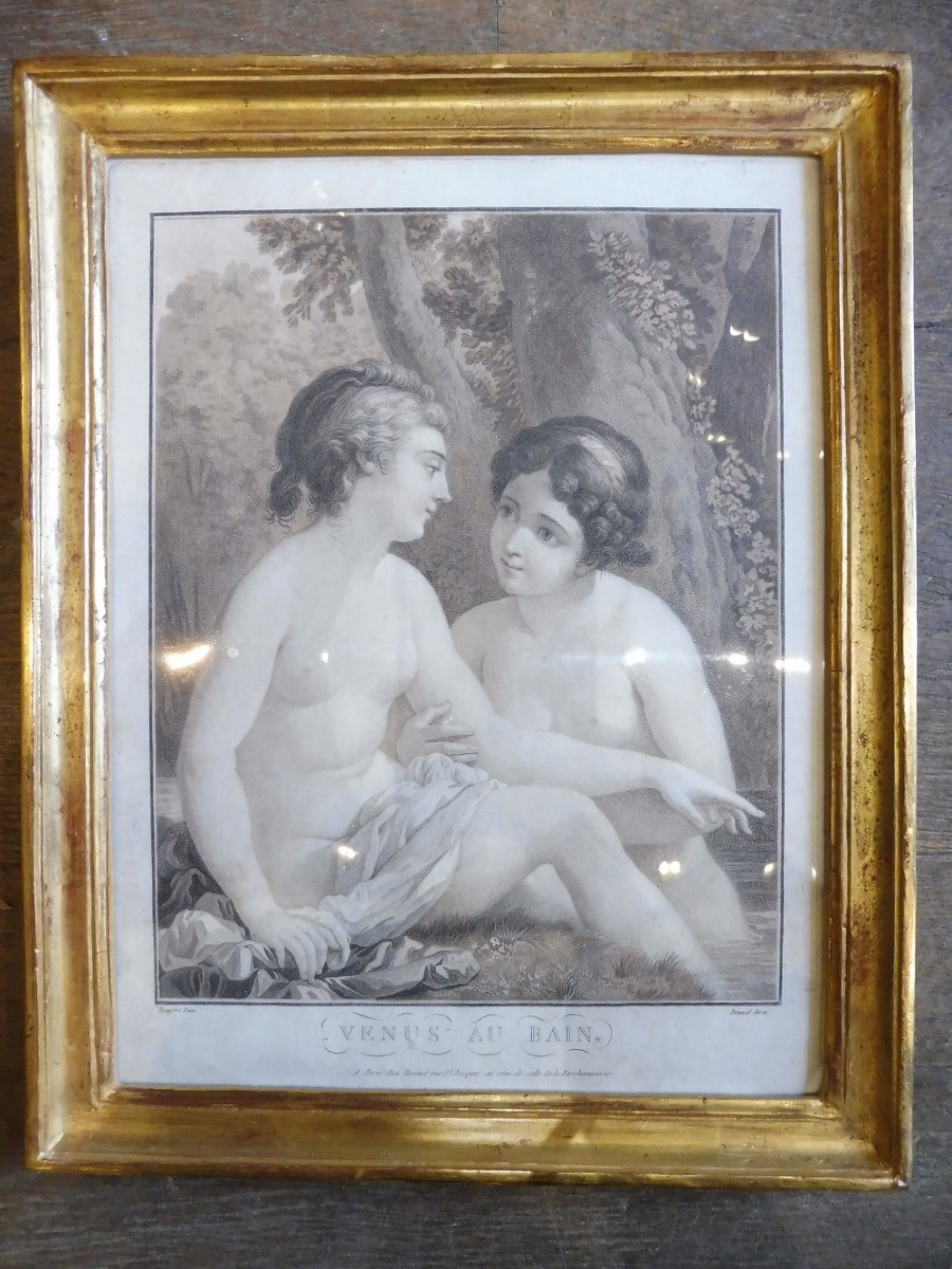 18th Century Color Engraving "venus In The Bath" In Its Frame 
