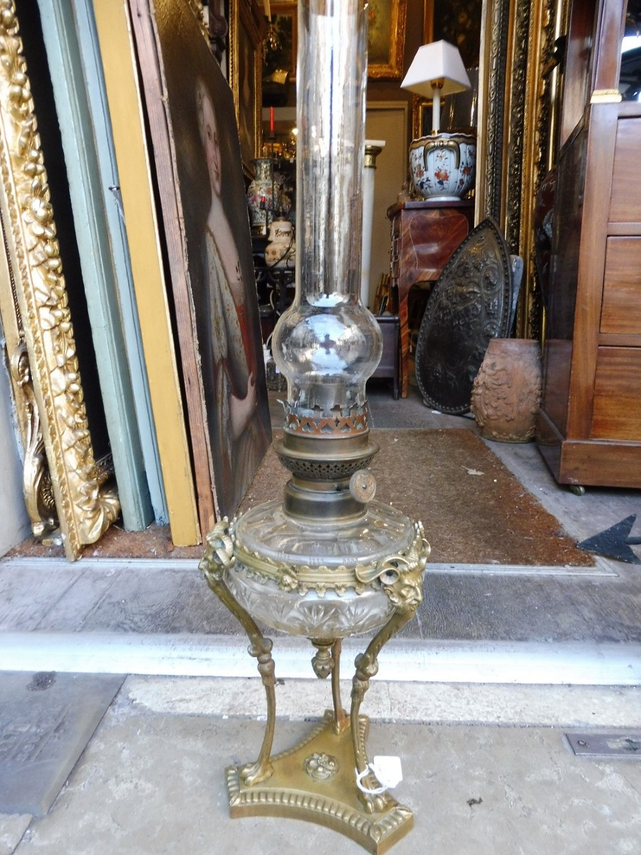 19th Century Crystal And Bronze Oil Lamp 
