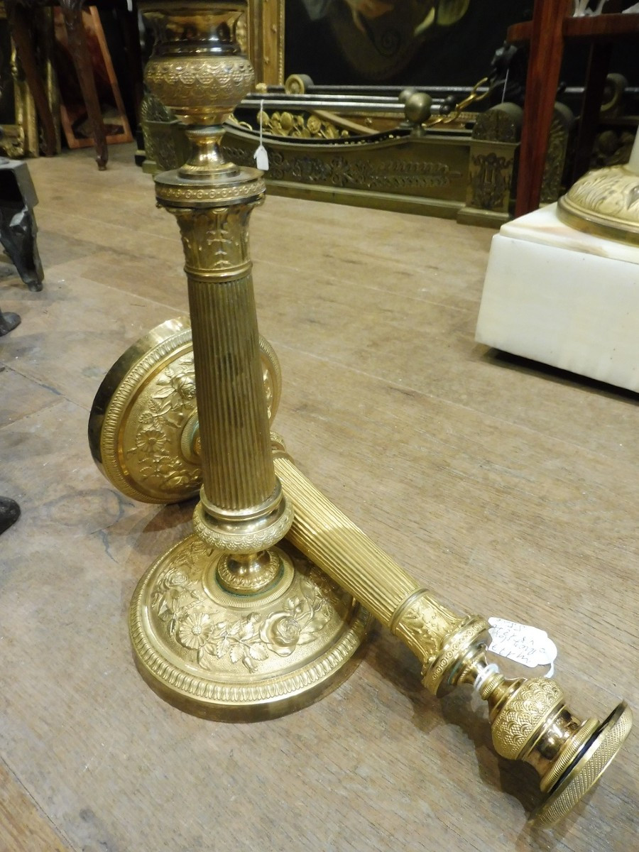 Paire  de flambeaux  en bronze doré restauration -photo-3