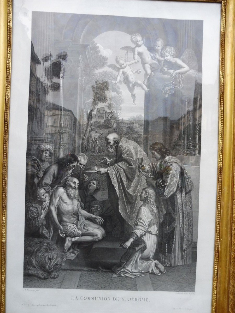 Importante gravure  d'après  Dominiquin  datée  1821  " la  communion  de  Saint  jérôme"  -photo-2