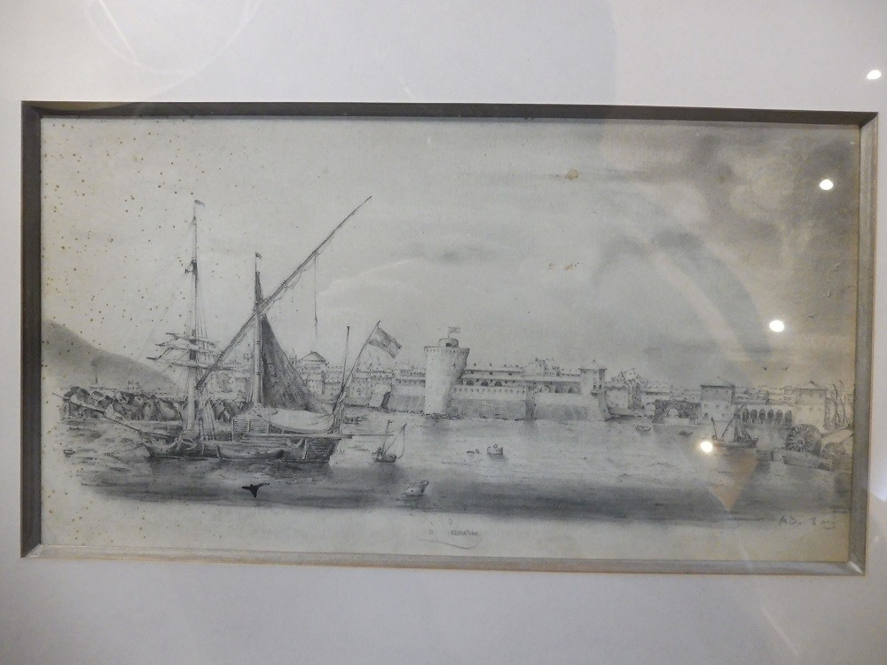Dessin  au crayon 19  eme '"vue de Livourne  "  -photo-2