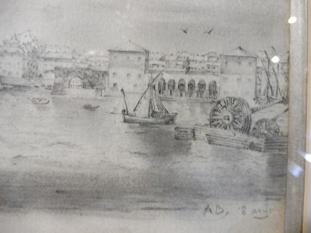 Dessin  au crayon 19  eme '"vue de Livourne  "  -photo-4