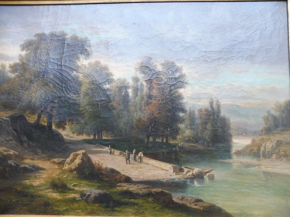 Huile sur toile  19 eme "paysage  animé  bord de rivière "  -photo-2
