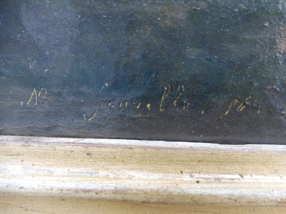 Huile sur toile  19 eme "paysage  animé  bord de rivière "  -photo-3