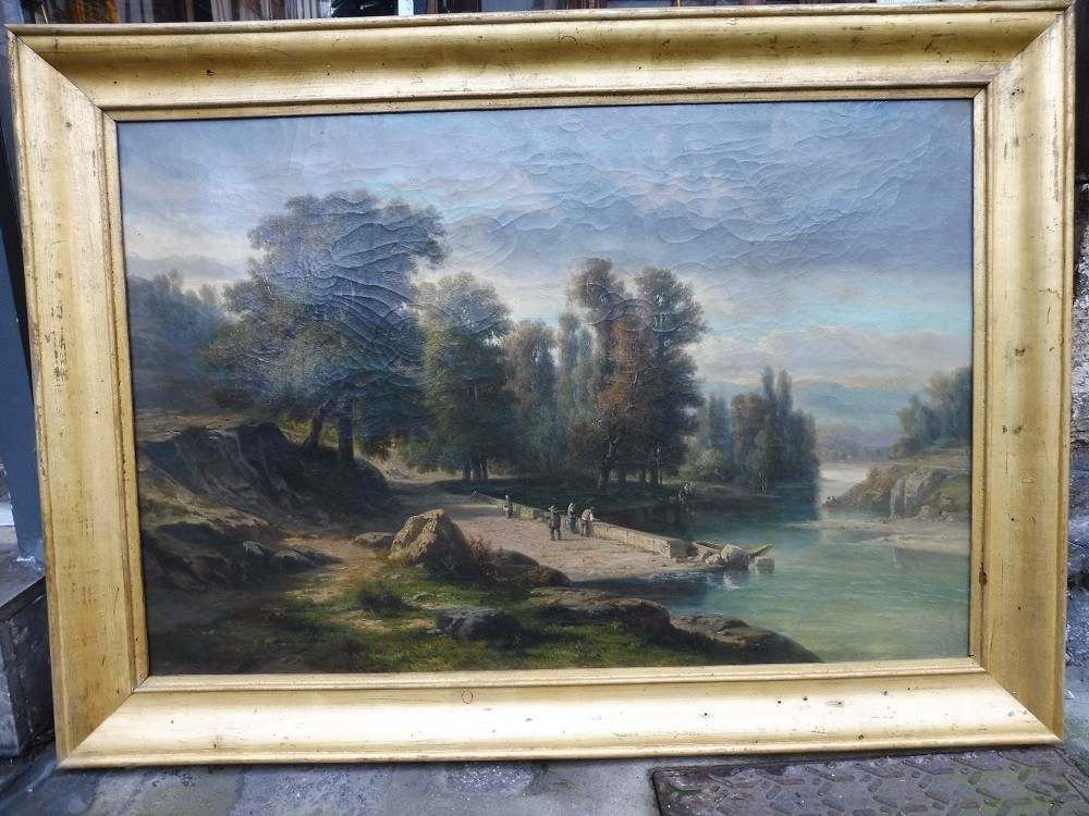 Huile sur toile  19 eme "paysage  animé  bord de rivière "  