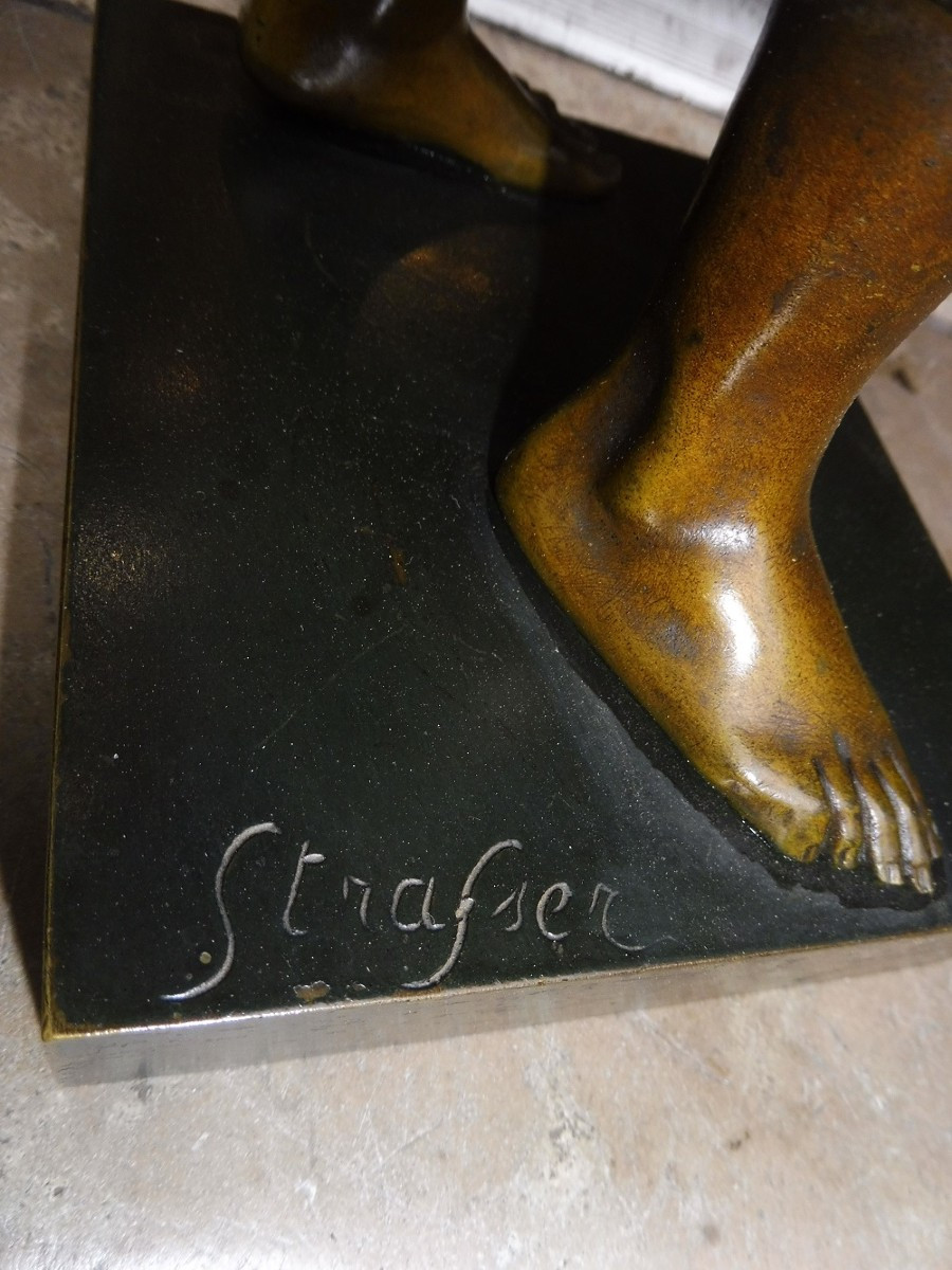 Bronze Sculpture With Three Patinas, Signed Strasser, "the Egyptian Water Carrier"  -photo-3