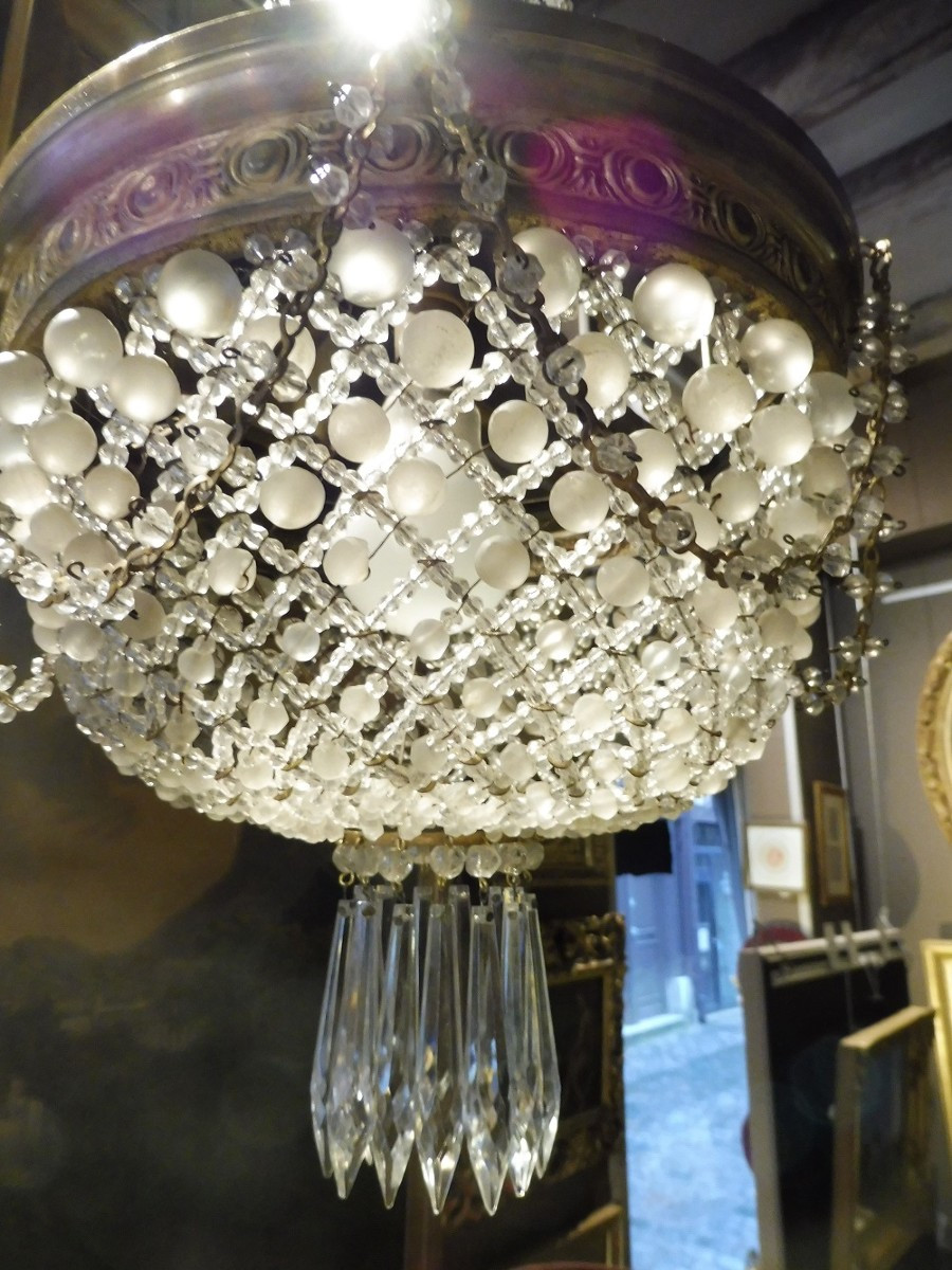 Pendant Light With Beaded Cords, Gilt Brass Mount, Circa 1900 -photo-2