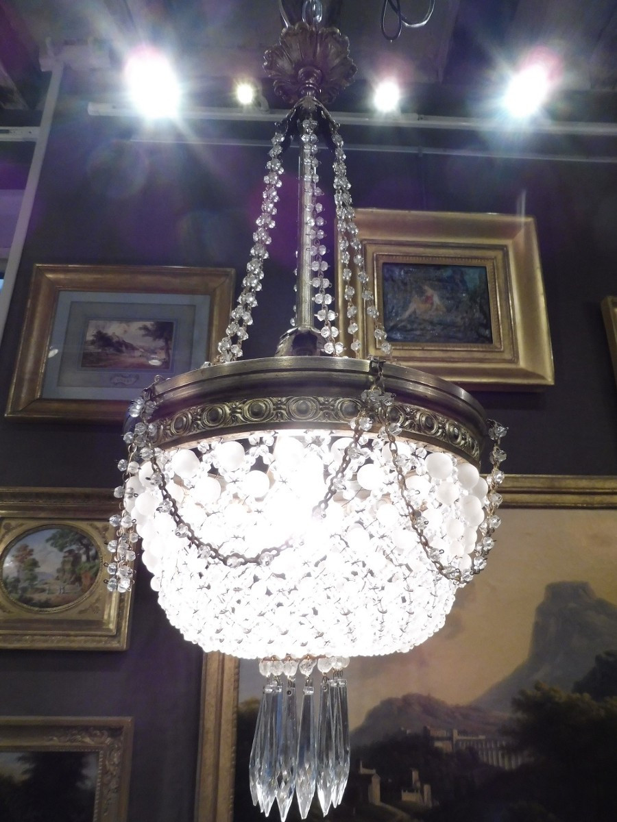 Pendant Light With Beaded Cords, Gilt Brass Mount, Circa 1900 -photo-4