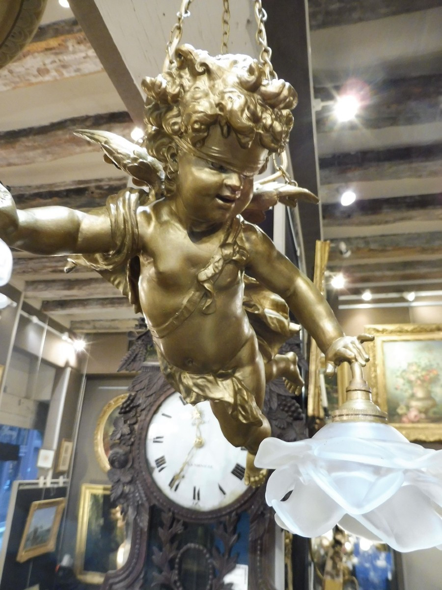 Hanging Lamp  In Gilt Composition Decorated With Angels, Circa 1900-photo-3