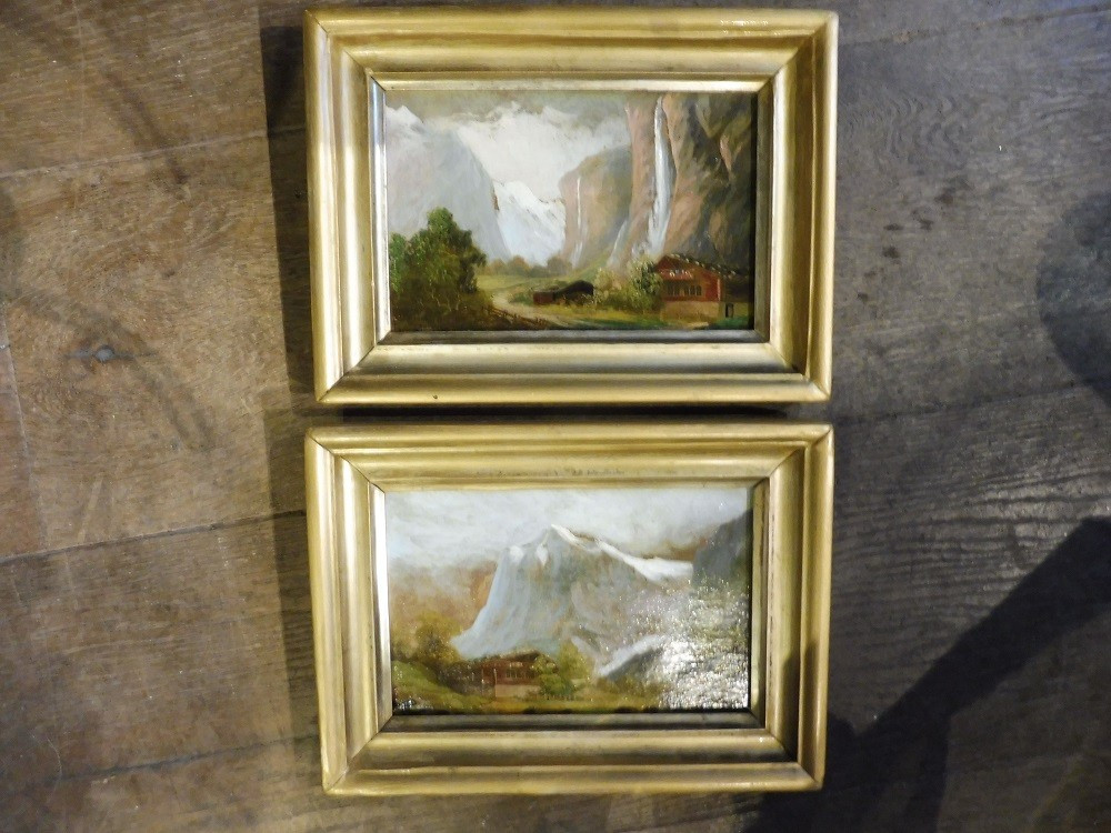 Pair Of Oil Paintings On Cardboard From The 19th-century Swiss School 