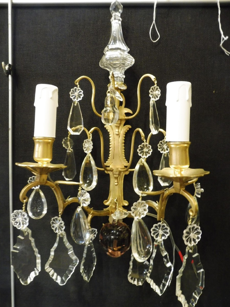 Paire  d'appliques  en bronze doré  et cristal   style 18 eme  vers  1900-photo-3