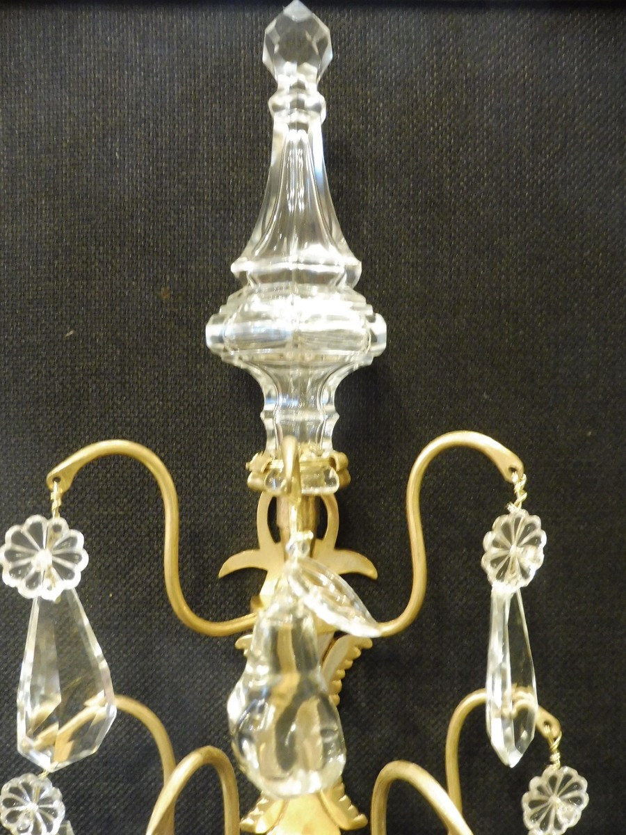 Paire  d'appliques  en bronze doré  et cristal   style 18 eme  vers  1900-photo-1