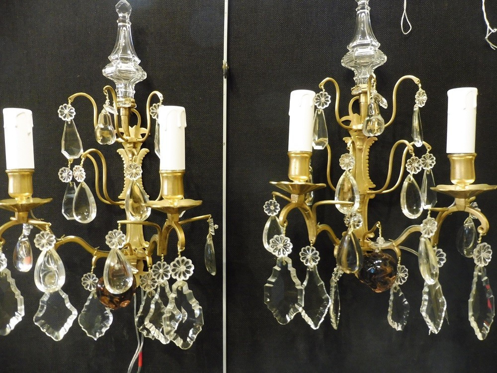 Paire  d'appliques  en bronze doré  et cristal   style 18 eme  vers  1900